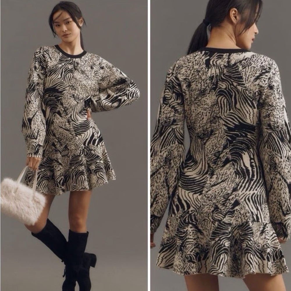 Anthropologie Slim Ruffle Knit Mini Black and White Abstract Dress S